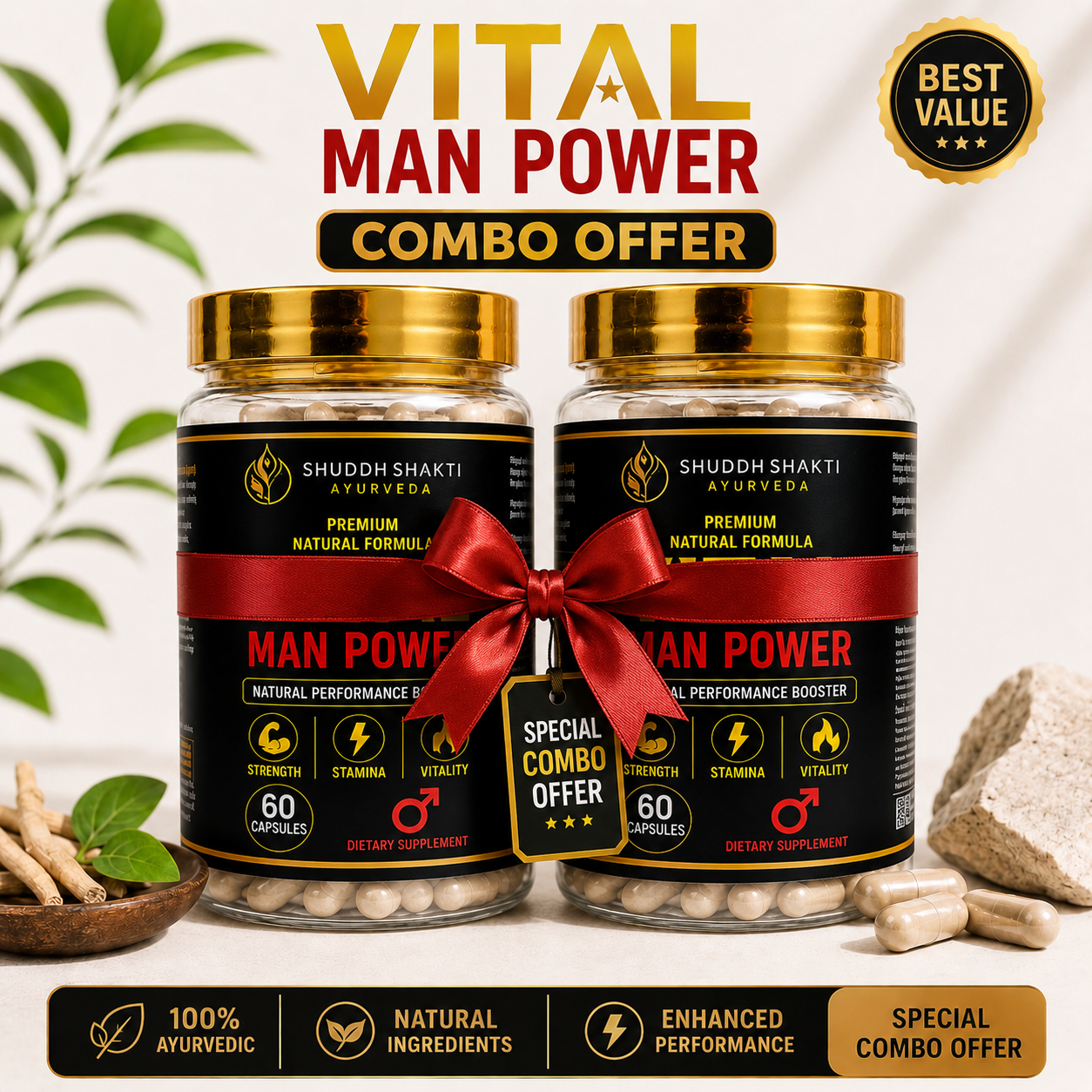 Vital Man Power Combo Pack – Premium Ayurvedic Men’s Wellness & Vitality Support | 120 Capsules (2 x 60 Capsules)