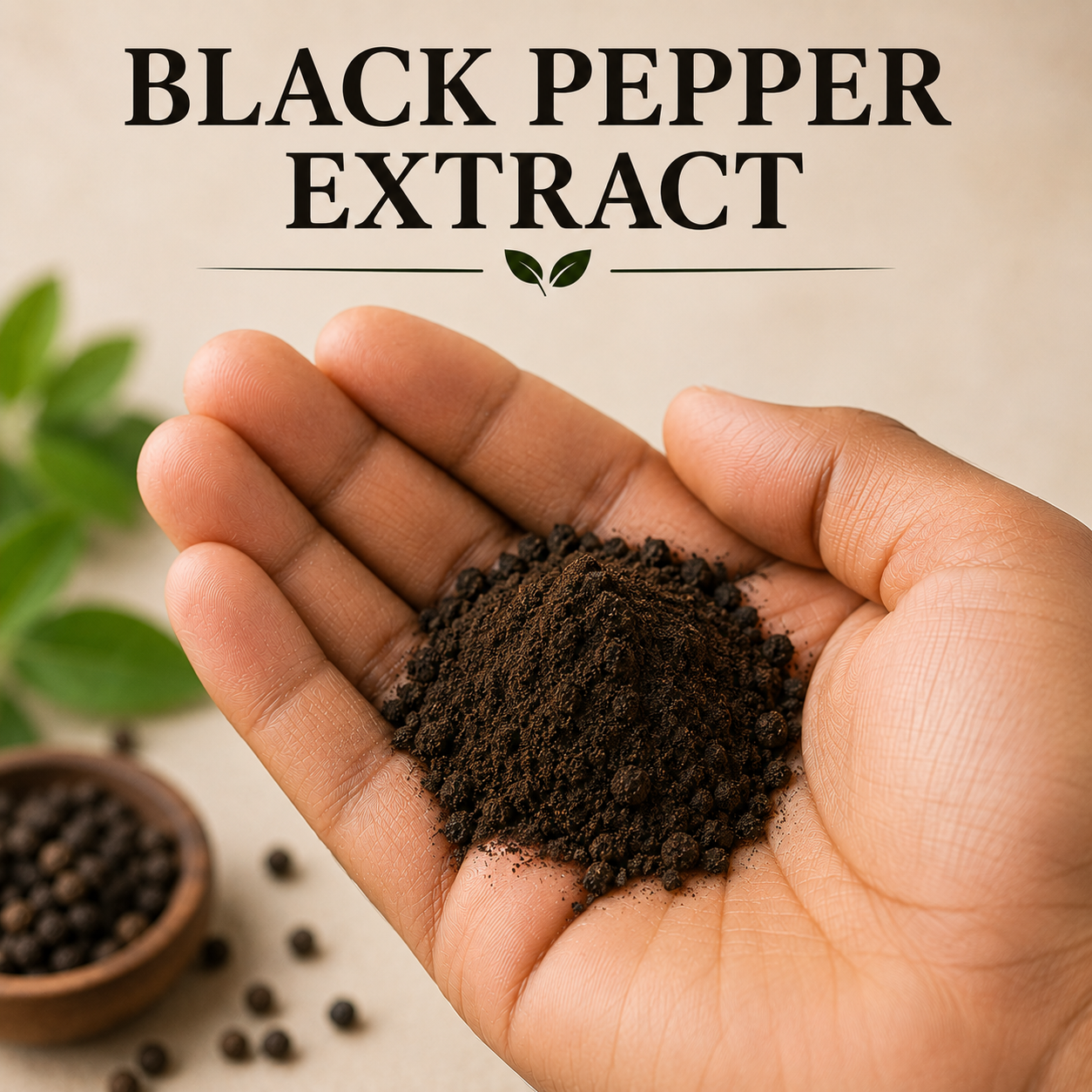 A hand holding a small pile of dark ground black pepper extract powder, with the text 'BLACK PEPPER EXTRACT' above and a small bowl of whole peppercorns blurred in the background.